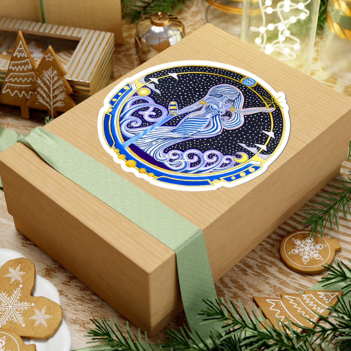 Aquarius Zodiac Kiss-Cut Sticker - Hand-Drawn Celestial Design (Non-AI)