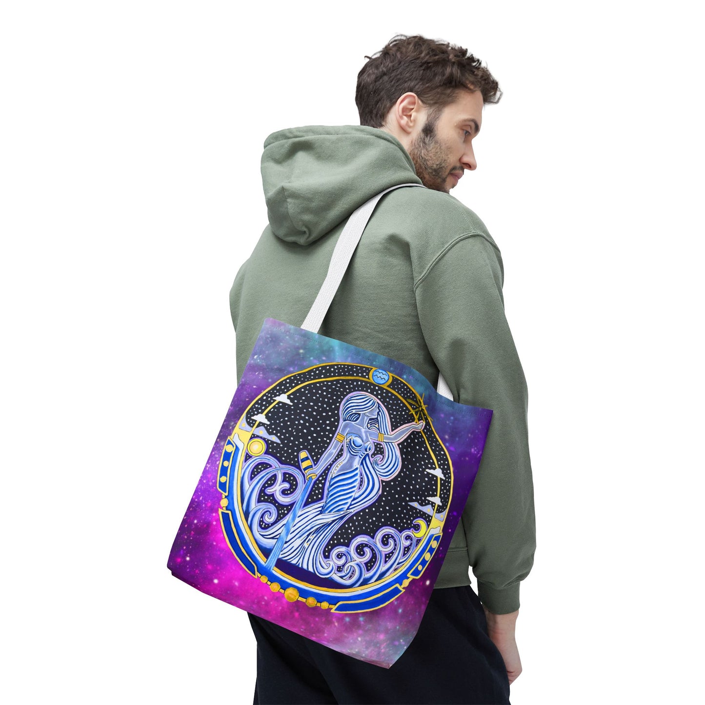 Aquarius Zodiac Tote Bag - Hand-Drawn Celestial Design (Non-AI)