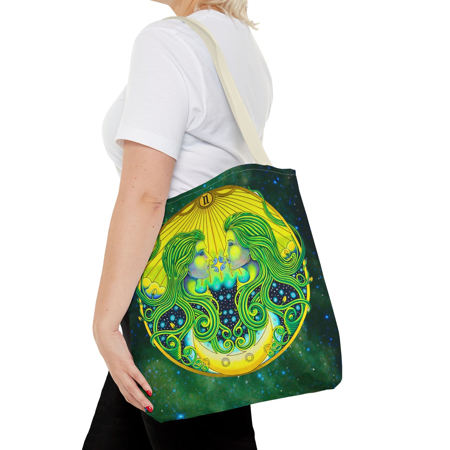 Gemini Zodiac Tote Bag - Hand-Drawn Celestial Design (Non-AI)