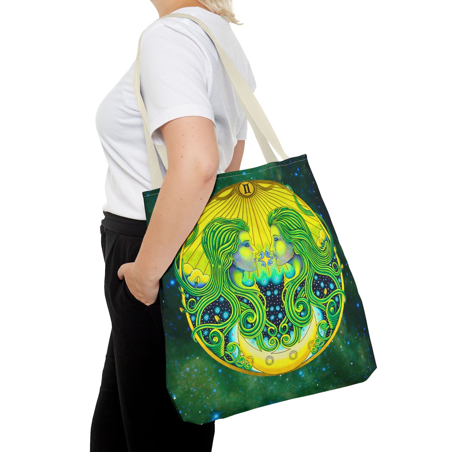 Gemini Zodiac Tote Bag - Hand-Drawn Celestial Design (Non-AI)