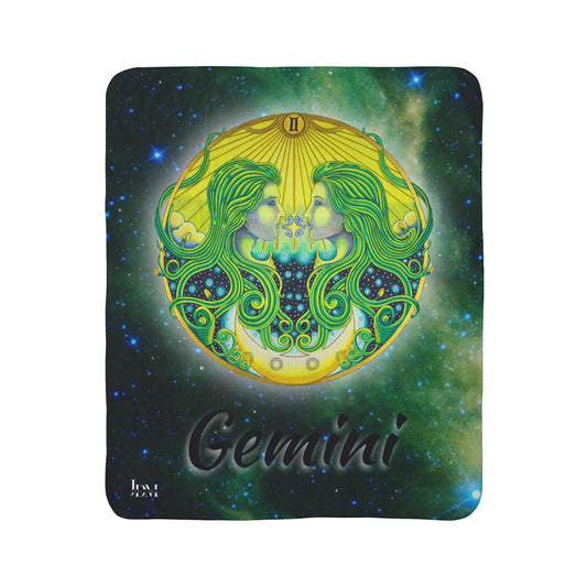 Gemini Zodiac Fleece Sherpa Blanket - Hand-Drawn Celestial Design (Non-AI)