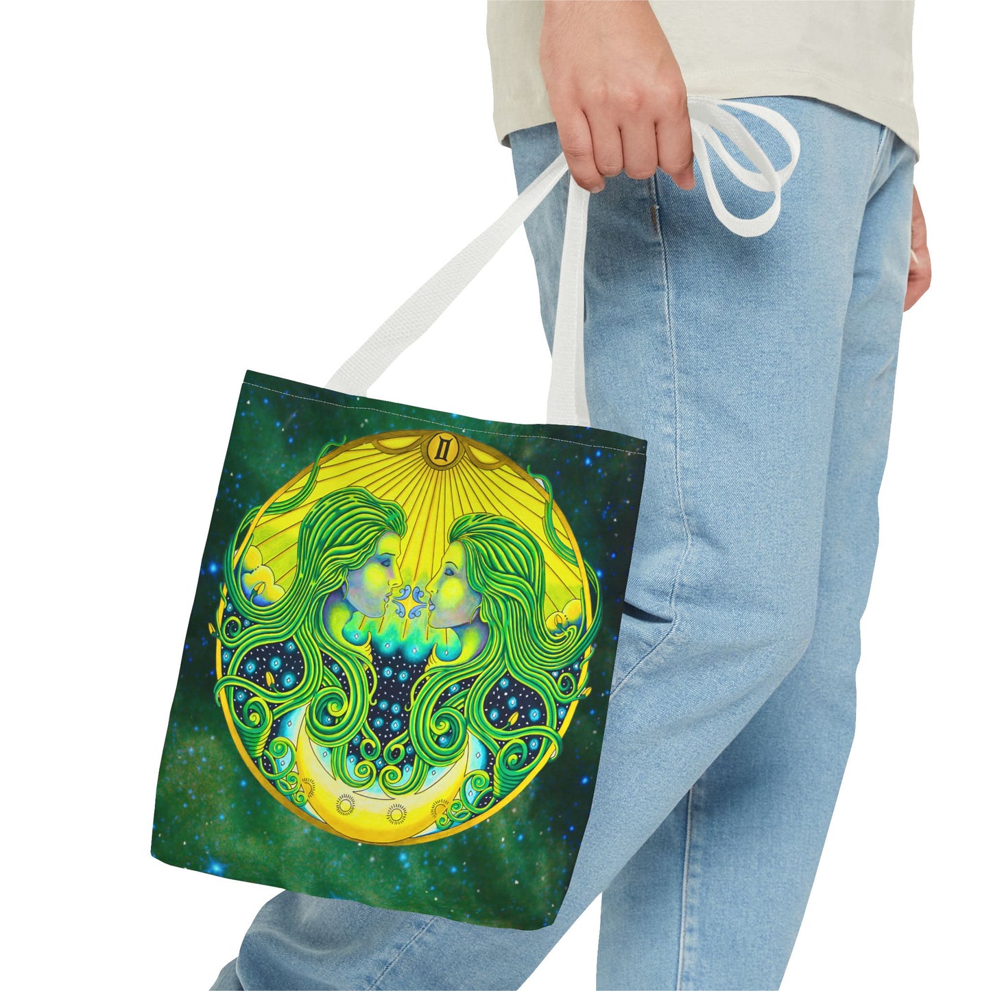 Gemini Zodiac Tote Bag - Hand-Drawn Celestial Design (Non-AI)