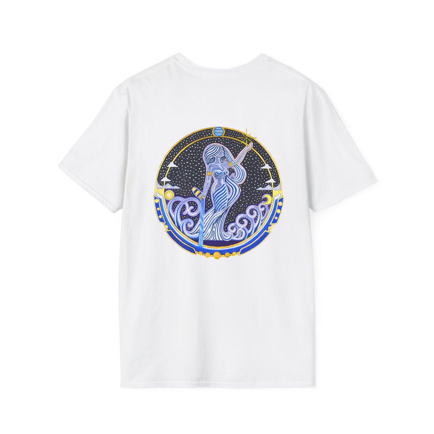 Aquarius Zodiac Crew Neck T-Shirt – Hand-Drawn Celestial Design (Non-AI)