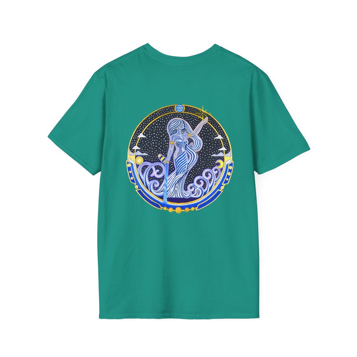 Aquarius Zodiac Crew Neck T-Shirt – Hand-Drawn Celestial Design (Non-AI)