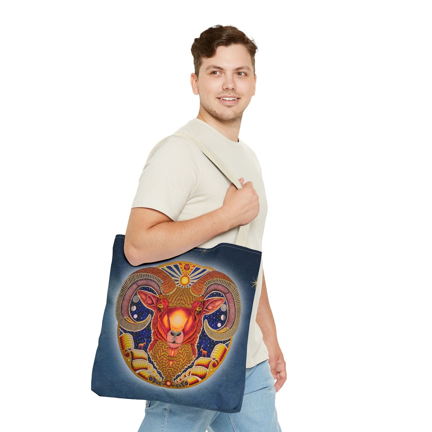 Aries Zodiac Tote Bag - Hand-Drawn Celestial Design (Non-AI)