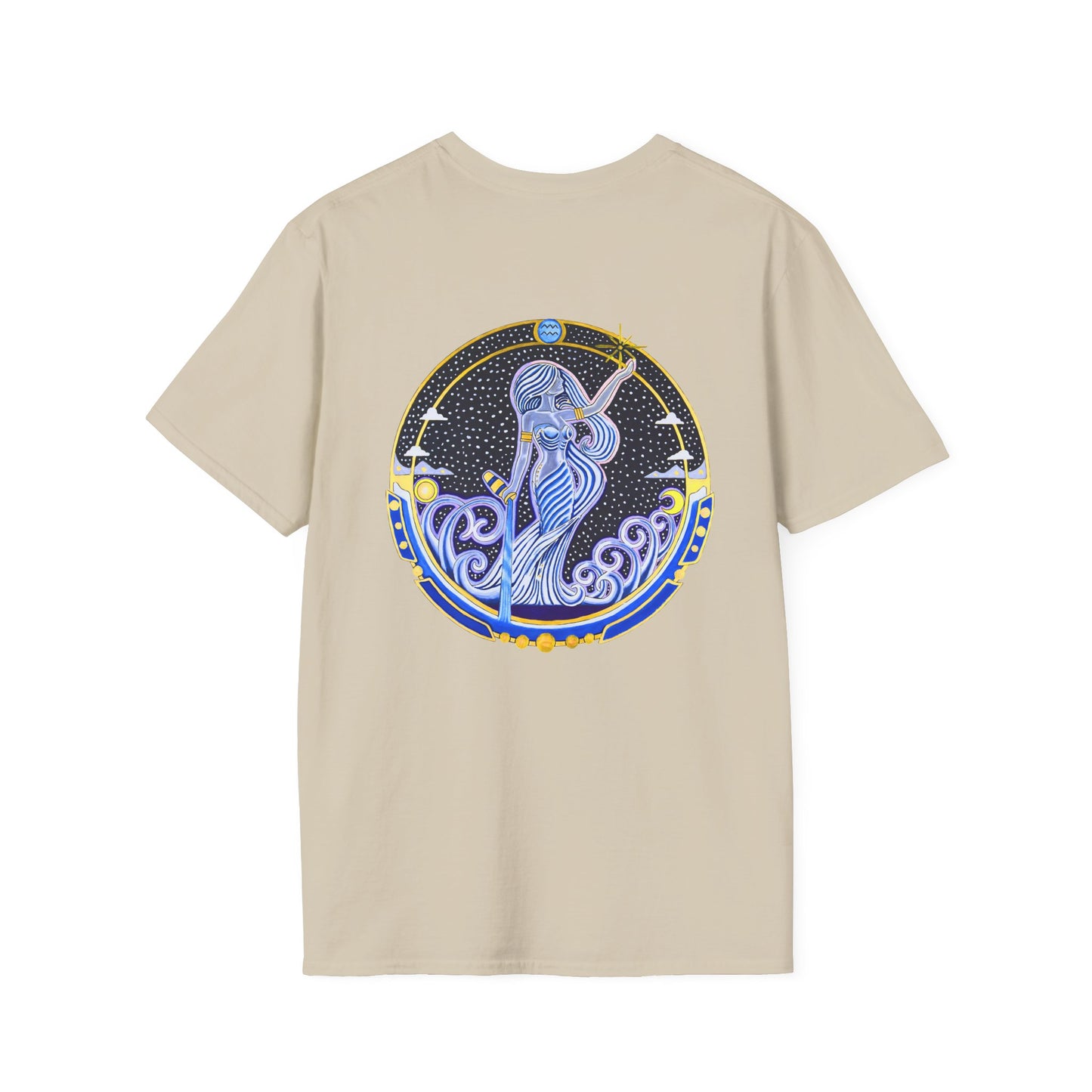 Aquarius Zodiac Crew Neck T-Shirt – Hand-Drawn Celestial Design (Non-AI)