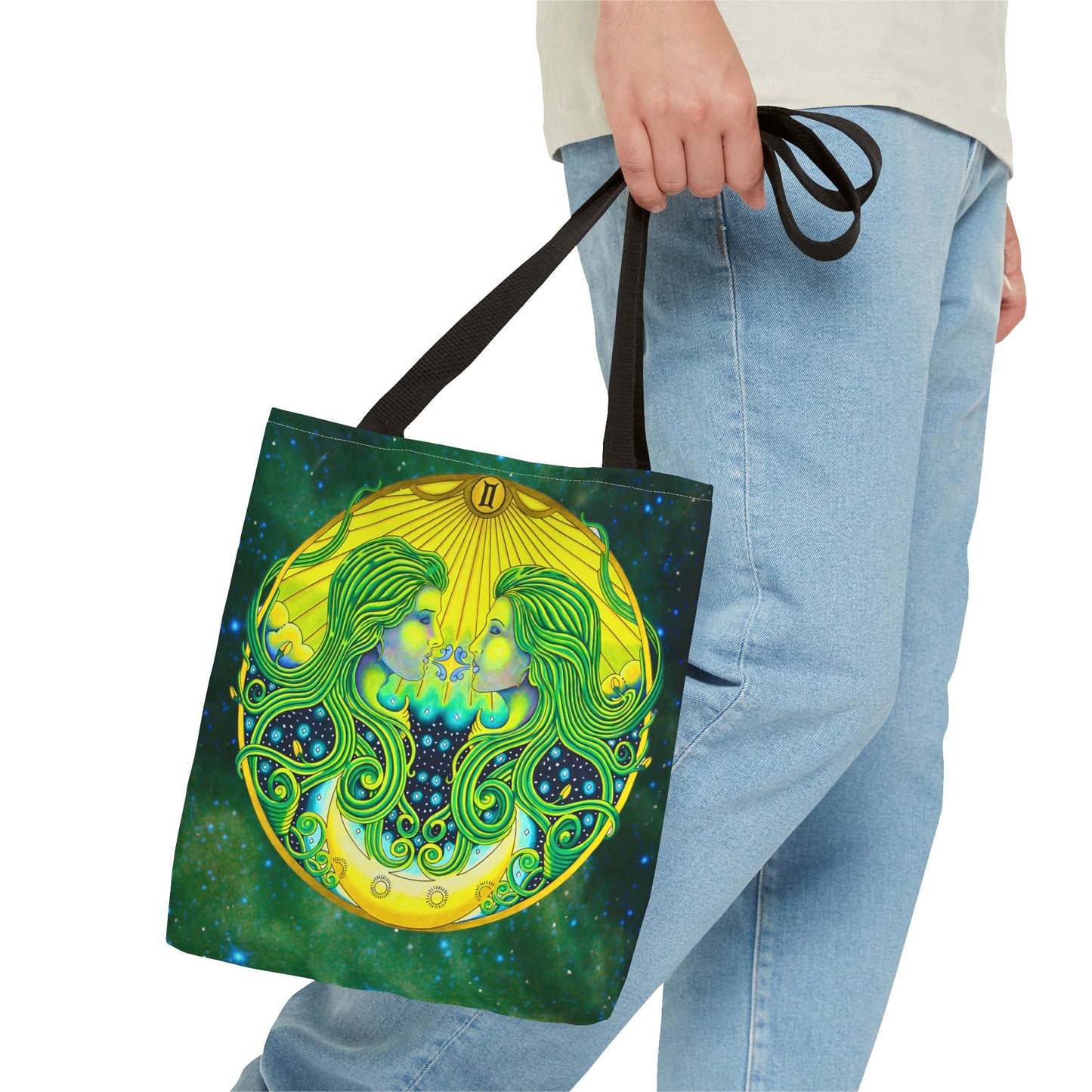 Gemini Zodiac Tote Bag - Hand-Drawn Celestial Design (Non-AI)