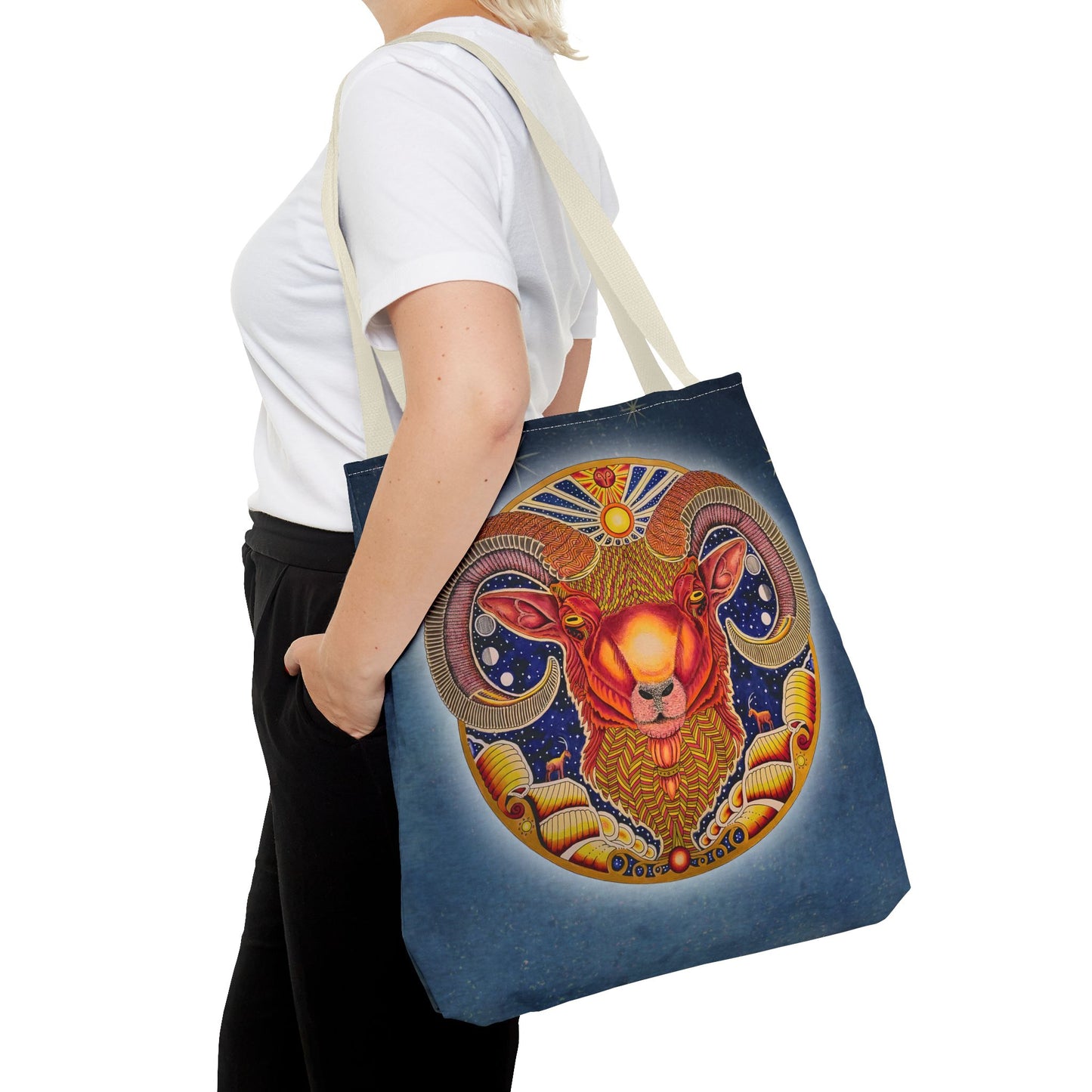 Aries Zodiac Tote Bag - Hand-Drawn Celestial Design (Non-AI)