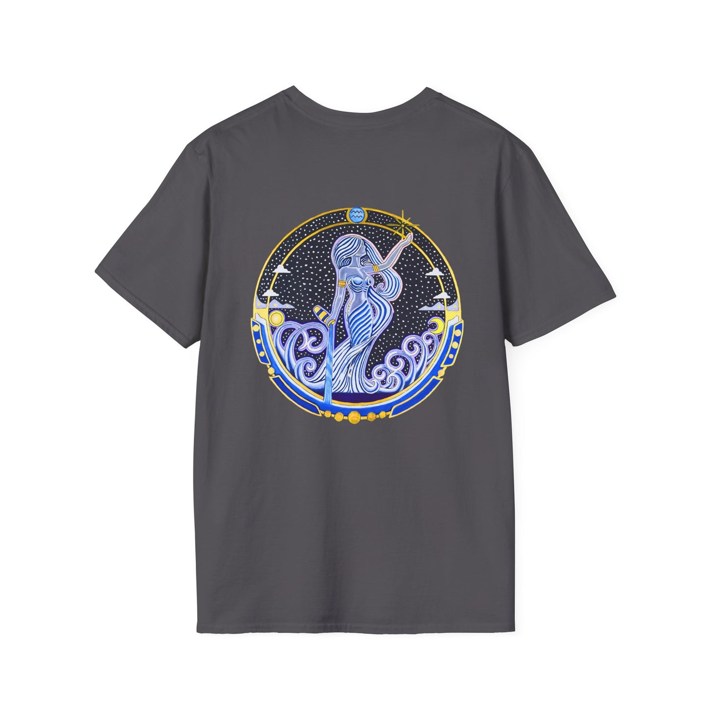 Aquarius Zodiac Crew Neck T-Shirt – Hand-Drawn Celestial Design (Non-AI)