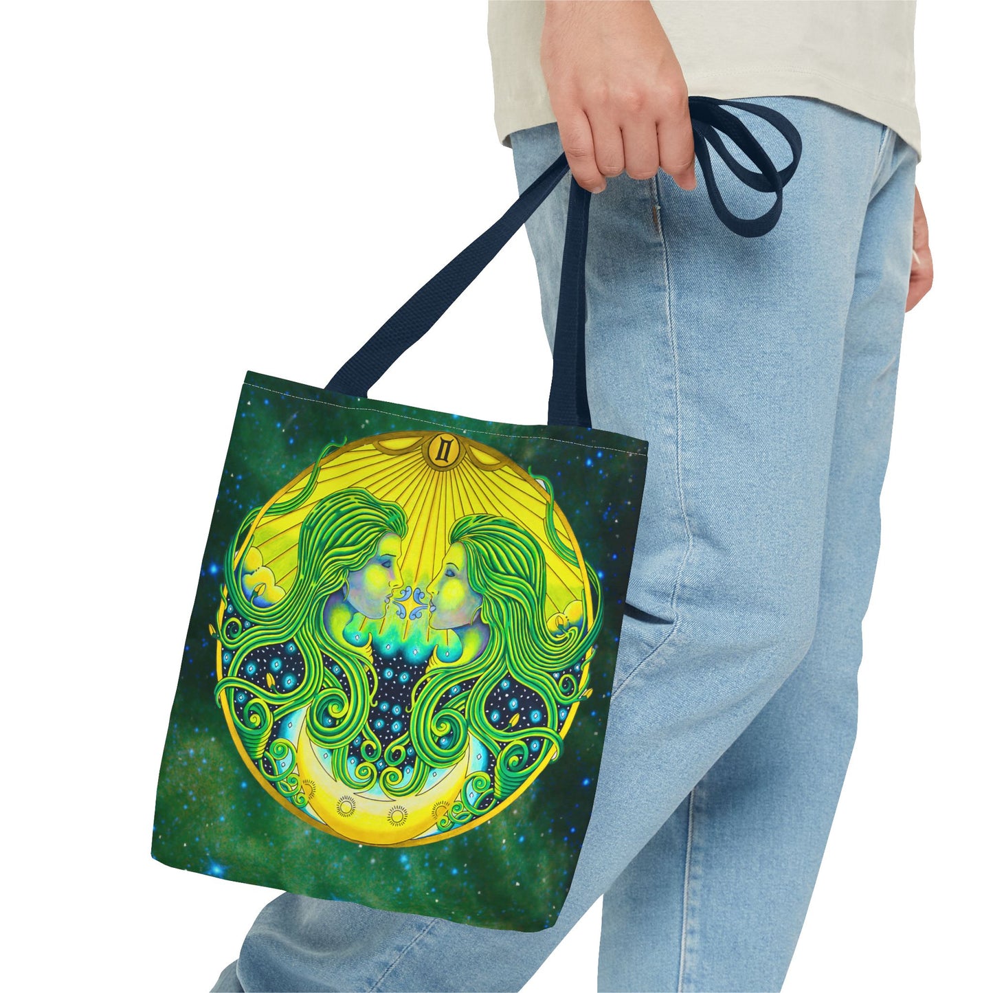 Gemini Zodiac Tote Bag - Hand-Drawn Celestial Design (Non-AI)