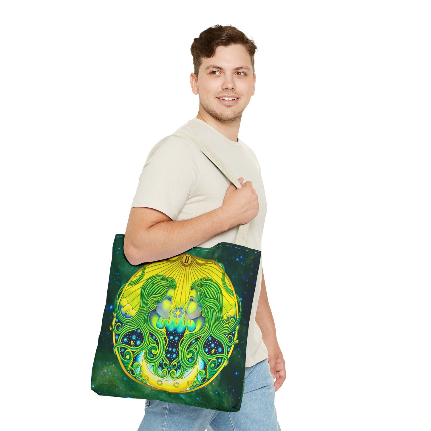 Gemini Zodiac Tote Bag - Hand-Drawn Celestial Design (Non-AI)