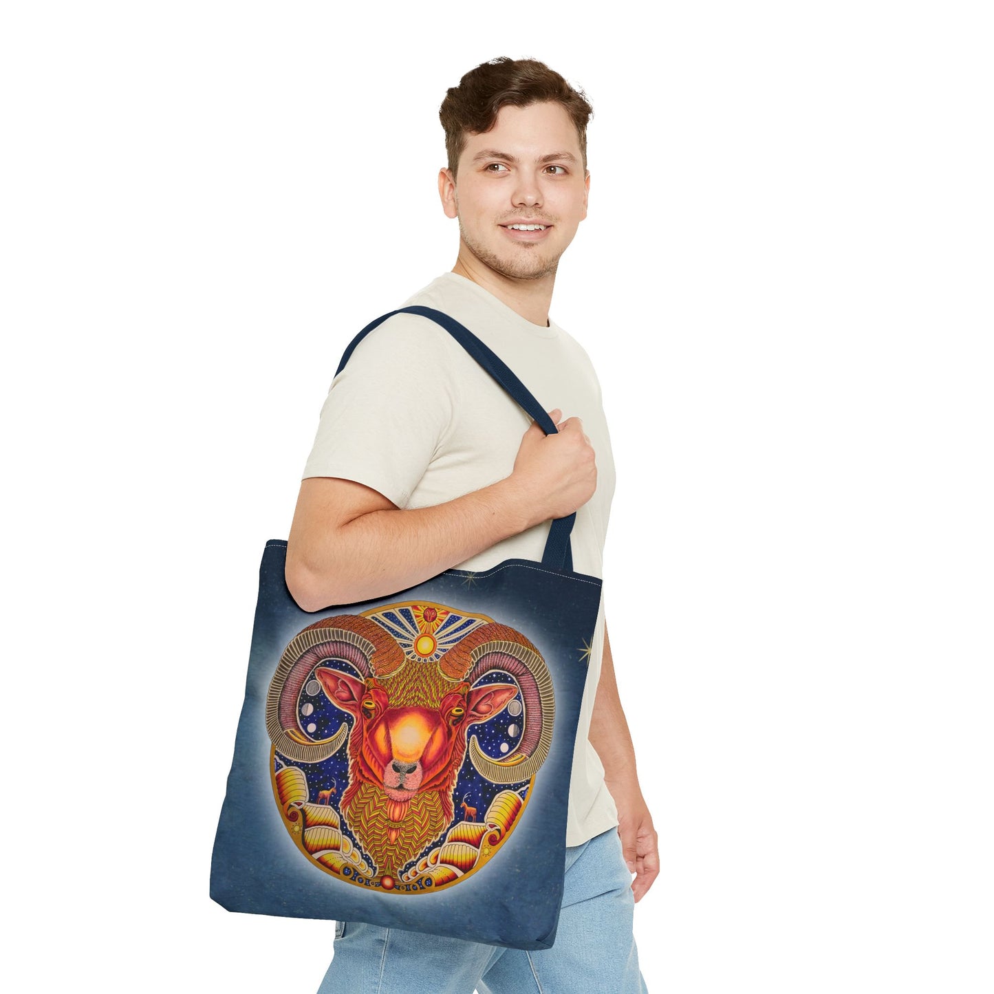 Aries Zodiac Tote Bag - Hand-Drawn Celestial Design (Non-AI)