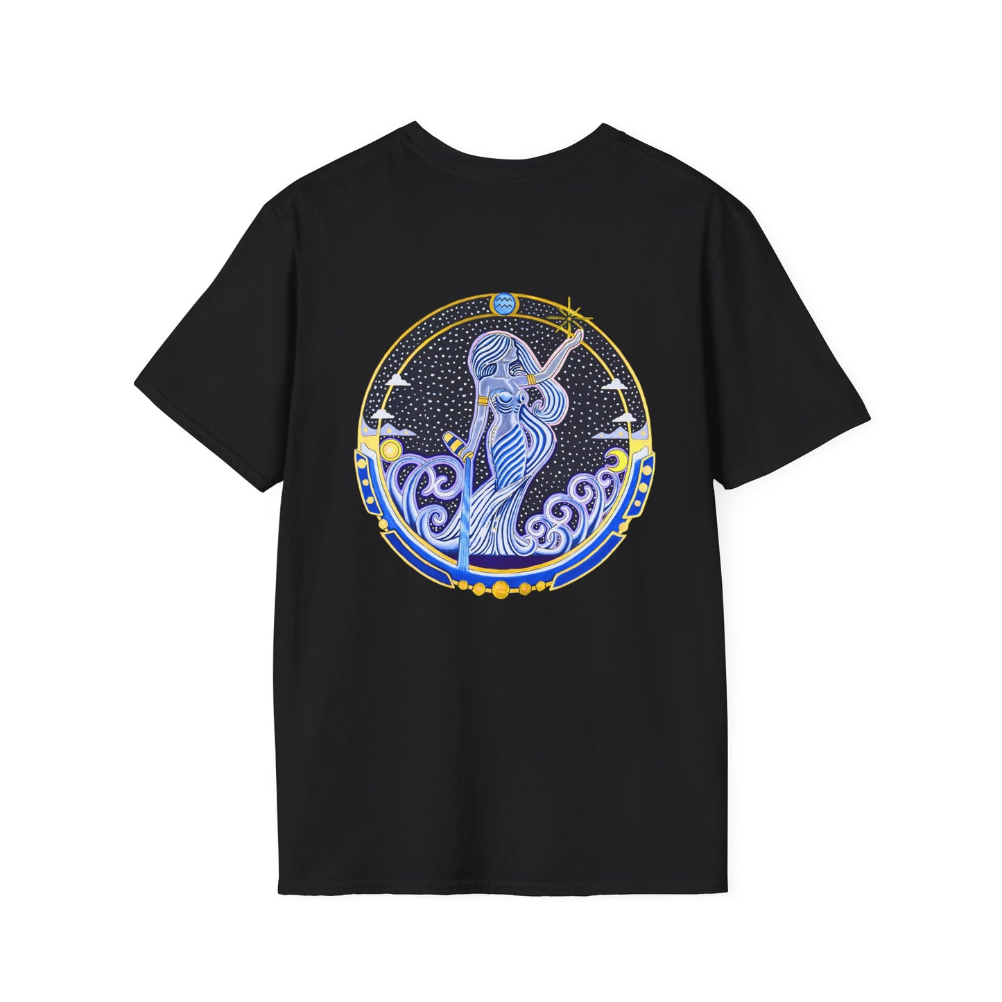 Aquarius Zodiac Crew Neck T-Shirt – Hand-Drawn Celestial Design (Non-AI)