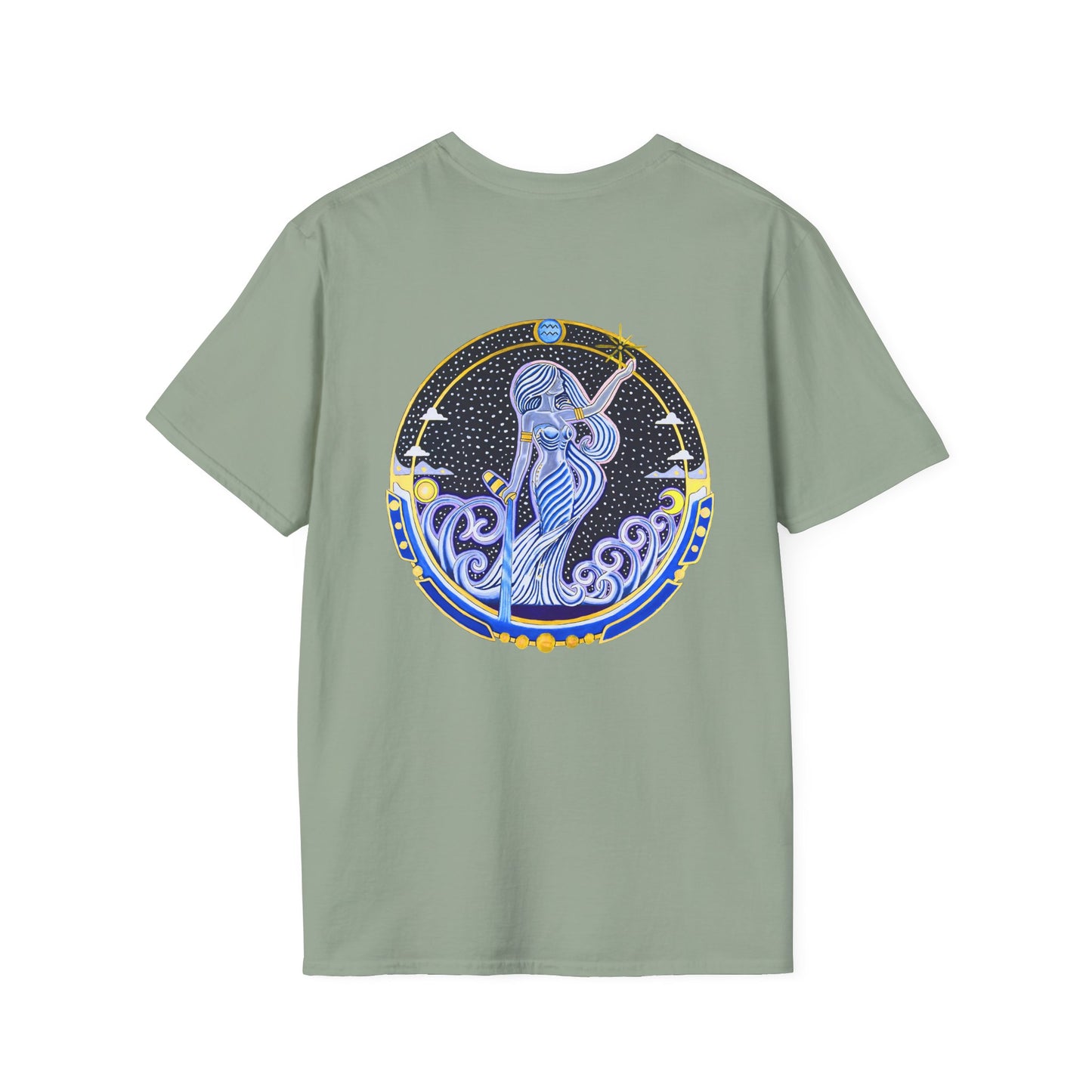 Aquarius Zodiac Crew Neck T-Shirt – Hand-Drawn Celestial Design (Non-AI)