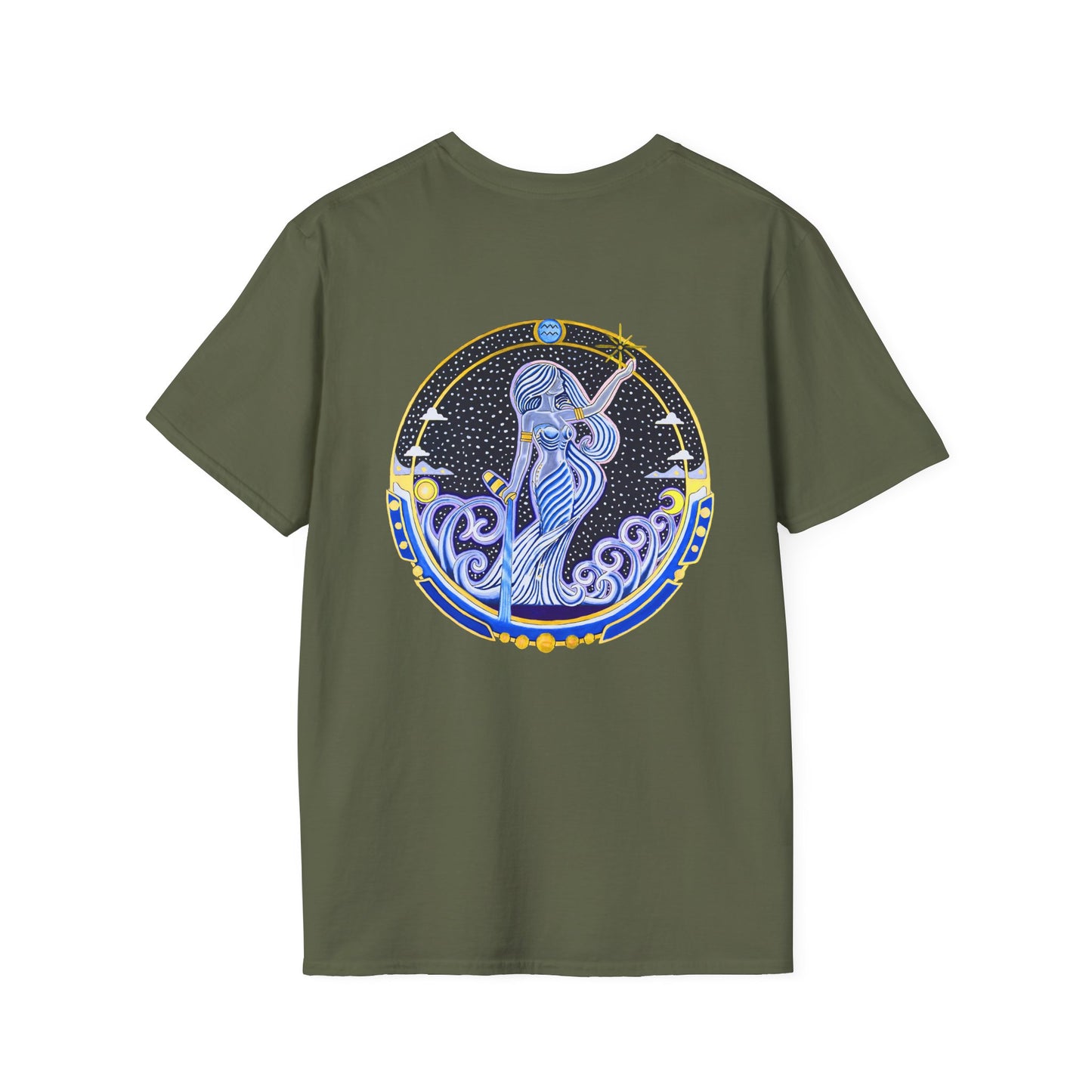 Aquarius Zodiac Crew Neck T-Shirt – Hand-Drawn Celestial Design (Non-AI)