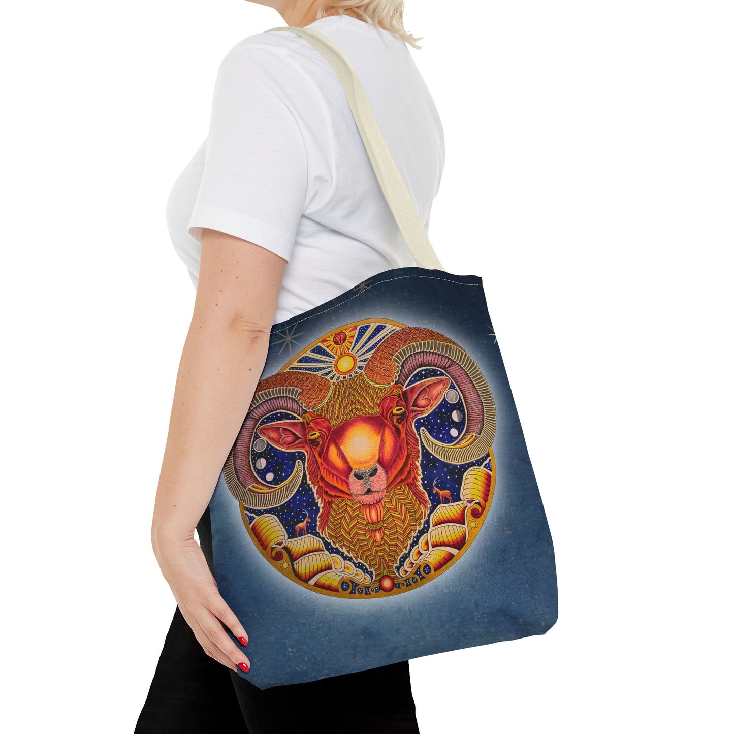 Aries Zodiac Tote Bag - Hand-Drawn Celestial Design (Non-AI)