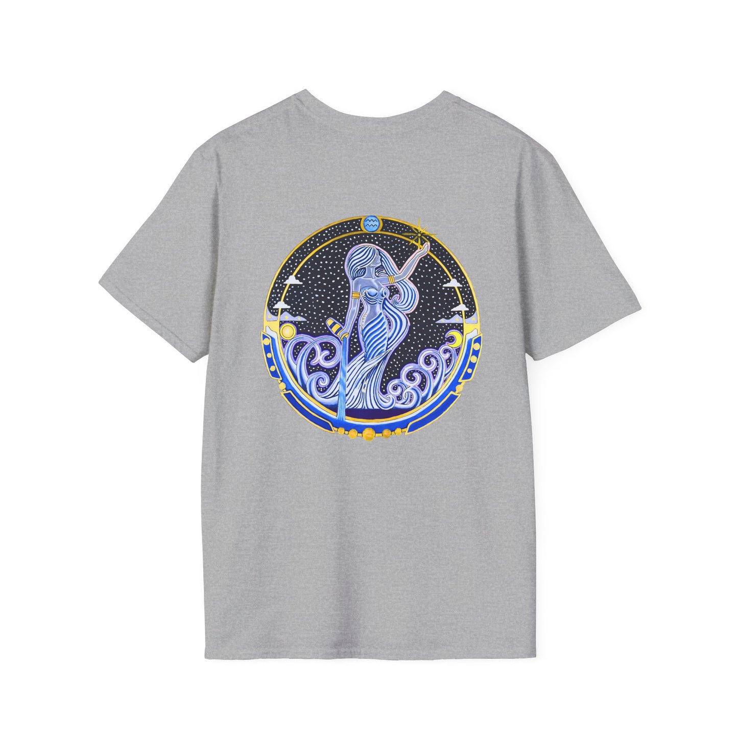Aquarius Zodiac Crew Neck T-Shirt – Hand-Drawn Celestial Design (Non-AI)