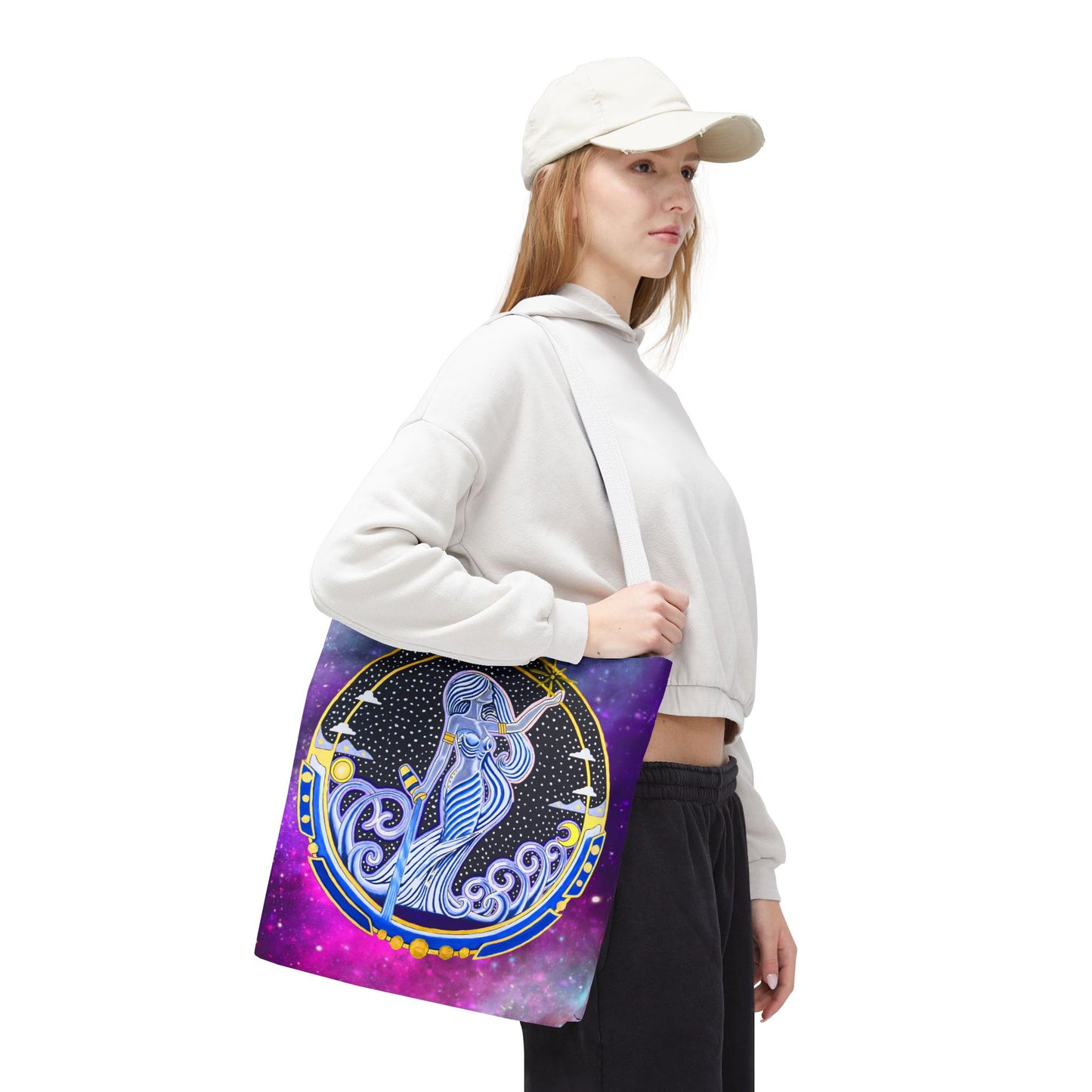 Aquarius Zodiac Tote Bag - Hand-Drawn Celestial Design (Non-AI)