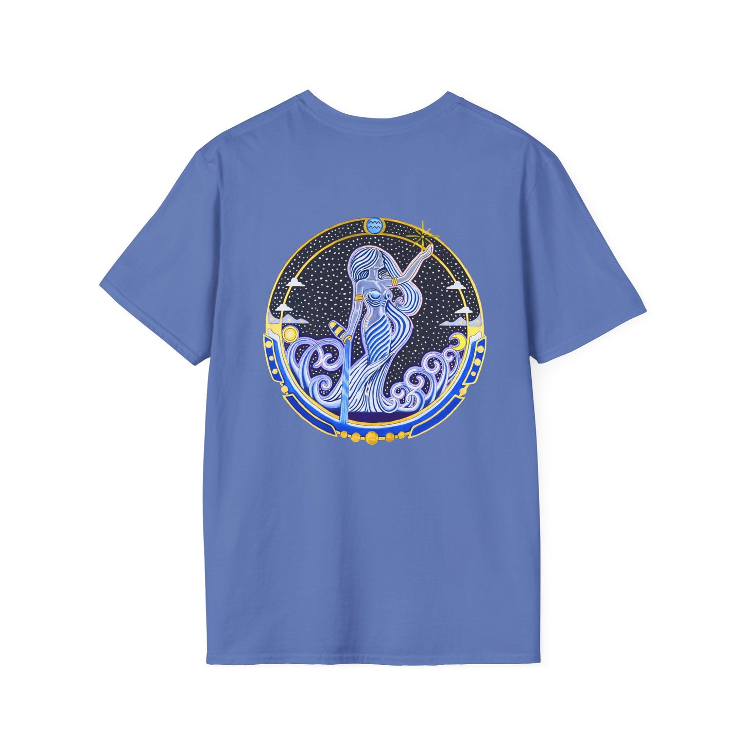 Aquarius Zodiac Crew Neck T-Shirt – Hand-Drawn Celestial Design (Non-AI)